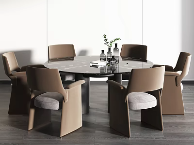 Modern Round Dining Table Set With Six Brown Chairs And Green Plant Decor 3d model