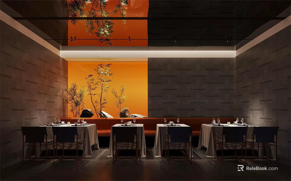 Elegant Restaurant Interior With Orange Backdrop Plant Decor And Dining Tables Setup 3d model 