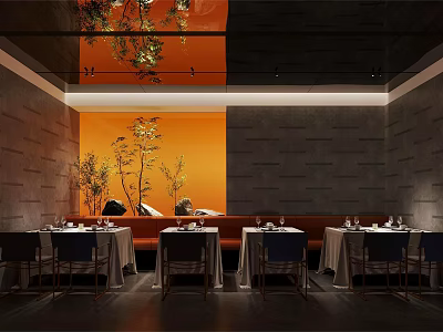Elegant Restaurant Interior With Orange Backdrop Plant Decor And Dining Tables Setup 3d model