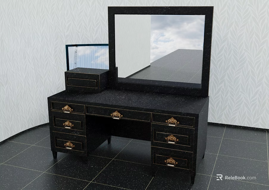 Classic Black Vanity Table With Large Mirror Drawers Gold Handles And Small Storage Box 3d model 