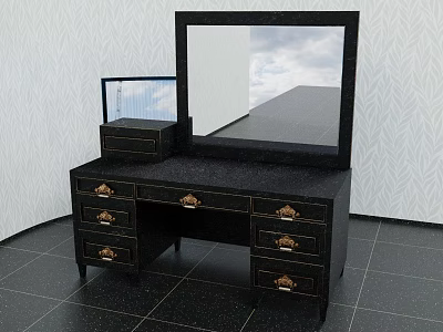 Classic Black Vanity Table With Large Mirror Drawers Gold Handles And Small Storage Box 3d model