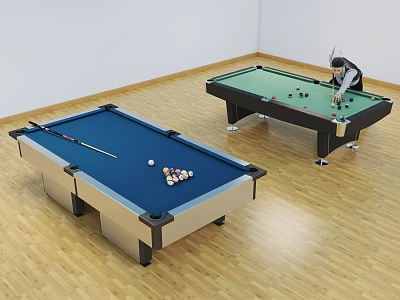 Two Billiard Tables With Blue And Green Cloth On Wooden Floor Room With White Walls 3d model