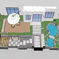 Modern Garden Landscape With White Building Stone Path Wooden Terrace Pond Green Plants And Lighting