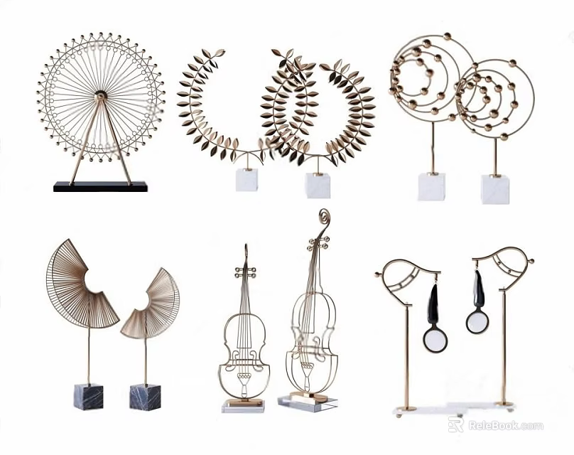 Modern Decorative Ornament Set with Ferris Wheel Fan Violin Circular Rings and Marble Bases 3d model 