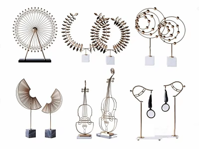 Modern Decorative Ornament Set with Ferris Wheel Fan Violin Circular Rings and Marble Bases 3d model