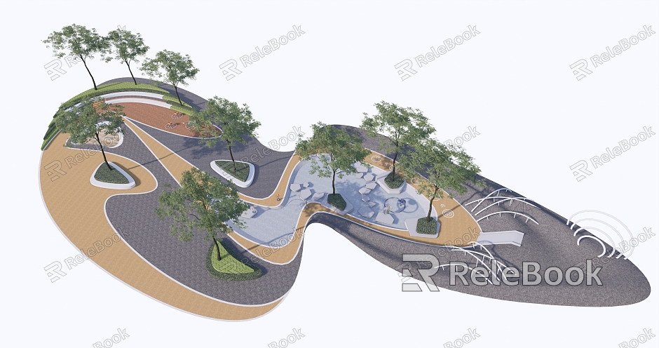 Modern Park Park Equipment Arc Play Water Area Tree Pond model