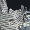 Cartoon City Scene With Green Rooftop Buildings Tall Skyscrapers And Trees