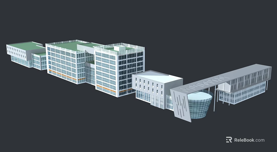 Modern Office Building Complex With Glass Facade Multiple Wings And Connected Walkways 3d model