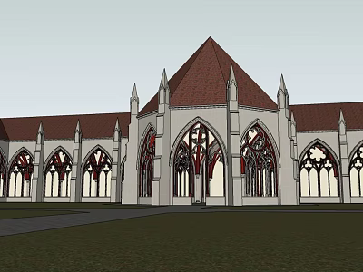 Gothic Architecture Garden Landscape With Pointed Roofs Arched Windows And Lawn Area 3d model