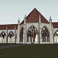 Gothic Architecture Garden Landscape With Pointed Roofs Arched Windows And Lawn Area