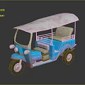 Colorful Three Wheeled Tuk Tuk Vehicle With Blue Body Pink Roof And Beige Seat