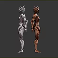 Two Sleek Humanoid Game and Movie Characters With Silver and Red Futuristic Armor