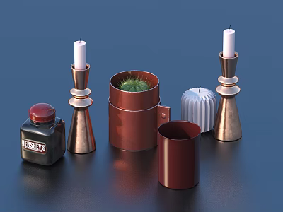 Copper Candle Holders With White Candles Black Ink Bottle Red Cup And Plant Pot 3d model