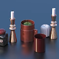 Copper Candle Holders With White Candles Black Ink Bottle Red Cup And Plant Pot