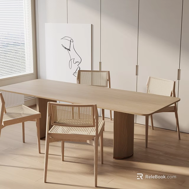 Scandinavian Light Wood Dining Table Set With Woven Chairs Pendant Lights And Wall Artwork 3d model 