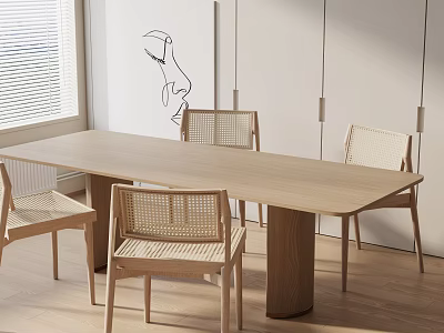 Scandinavian Light Wood Dining Table Set With Woven Chairs Pendant Lights And Wall Artwork 3d model
