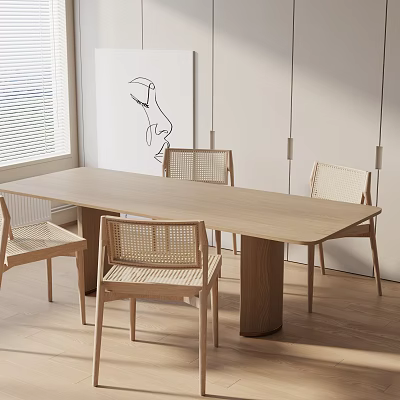 Scandinavian Light Wood Dining Table Set With Woven Chairs Pendant Lights And Wall Artwork 3d model