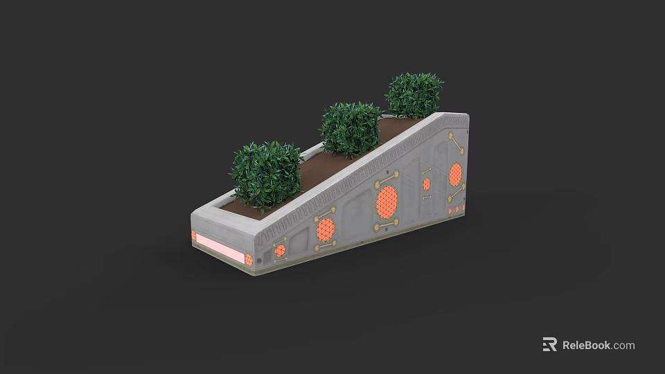 Gray Sloped Planter With Bonsai Potted Plants And Orange Circular Accents 3d model 