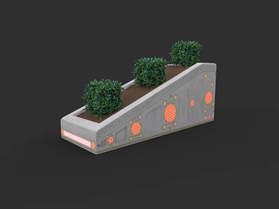 Gray Sloped Planter With Bonsai Potted Plants And Orange Circular Accents 3d model