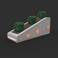 Gray Sloped Planter With Bonsai Potted Plants And Orange Circular Accents