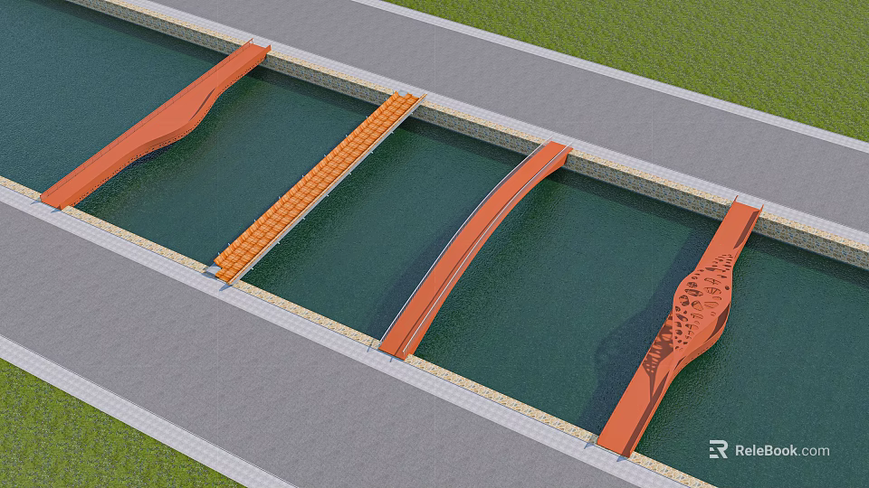 Modern Orange Bridges Spanning Across Water With Road And Grass Surroundings 3d model 