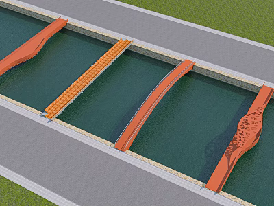 Modern Orange Bridges Spanning Across Water With Road And Grass Surroundings 3d model