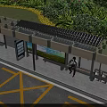 Modern Bus Station Shelter with Billboards Bench Person Sitting Green Trees and Trash Bins
