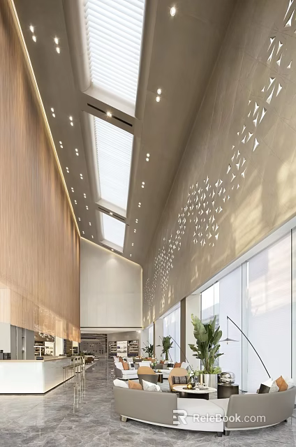 Modern Leisure Area Interior Design With Skylights Wooden Walls And Geometric Cutout Details 3d model 