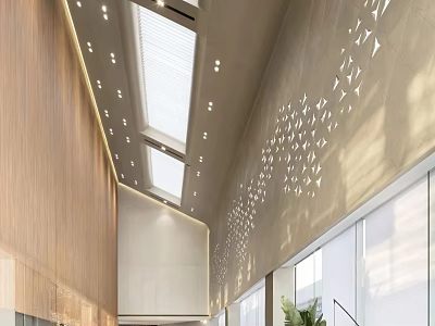 Modern Leisure Area Interior Design With Skylights Wooden Walls And Geometric Cutout Details 3d model
