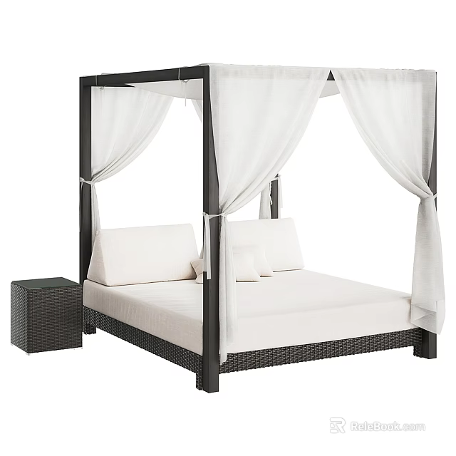 Rattan Four Poster Double Bed With White Canopy Mattress And Side Table 3d model 