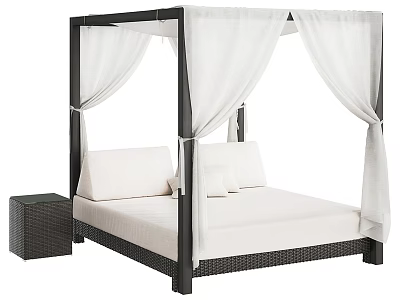 Rattan Four Poster Double Bed With White Canopy Mattress And Side Table 3d model