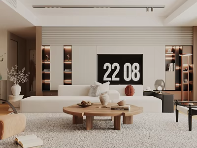Modern Living Room Interior With White Sofa Wooden Coffee Table TV Wall And Bookshelves 3d model