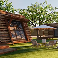 Wooden Cabins in Scenic Setting With Green Grass Trees and Outdoor Chairs