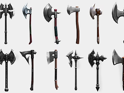 Various Battle Axes With Diverse Handle Designs And Metal Blade Features 3d model