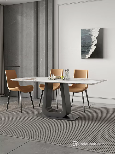Modern Dining Table Set With Marble Top Tan Leather Chairs And Black Geometric Base 3d model 