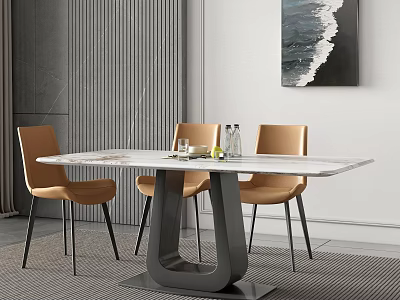 Modern Dining Table Set With Marble Top Tan Leather Chairs And Black Geometric Base 3d model