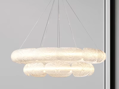 Modern Double Layered Textured White Fabric Chandelier Hanging In Contemporary Interior 3d model