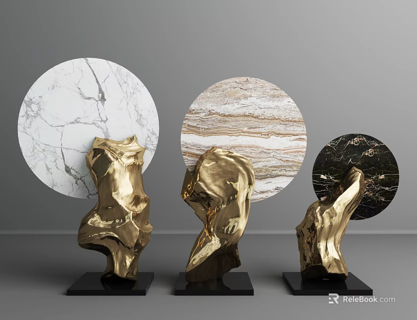 Golden Abstract Sculpture Ornament Set With Black Bases And Marble Circular Panels 3d model 