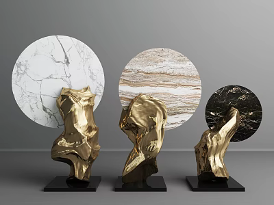 Golden Abstract Sculpture Ornament Set With Black Bases And Marble Circular Panels 3d model