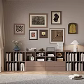 Wooden Decorative Cabinet With Books Decorative Items And Framed Artworks In Cozy Living Room