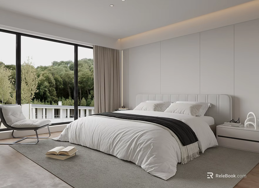 Modern Minimalist Bedroom With White Bed Window View Trees And Chair 3d model 