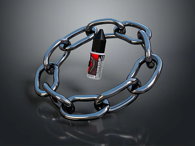 Household Silver Chain Surrounding Small Bottle With Black Cap Red Label 3d model