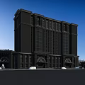 Modern Classical Office Building With Brown Beige Large Windows Arched Entrances Green Lawn And Fountains