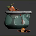 Blue Cooking Pot With Carrot Wooden Spoon And Spilled Soup Stains