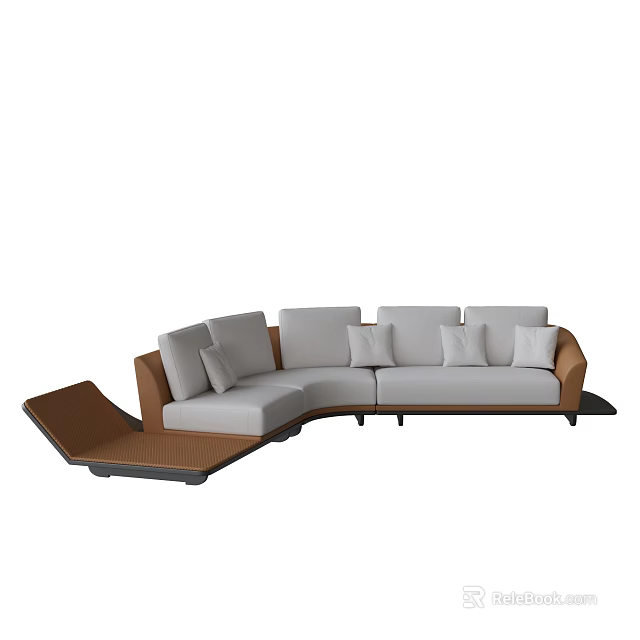 Modern Unique Shaped Sofa With Light Gray Upholstery And Brown Armrests 3d model