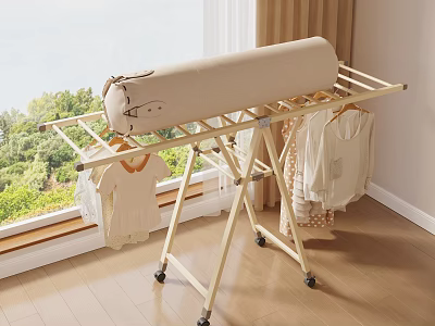 Modern Wardrobe with Foldable Clothes Rack and Hanging Clothes in Bright Room with Wooden Floor 3d model