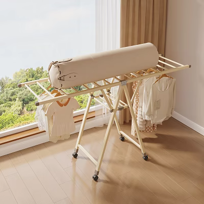 Modern Wardrobe with Foldable Clothes Rack and Hanging Clothes in Bright Room with Wooden Floor 3d model