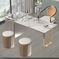 Modern Tea Table and Chairs with Marble Tabletop Golden Legs Two Round Stools by Window 3d model