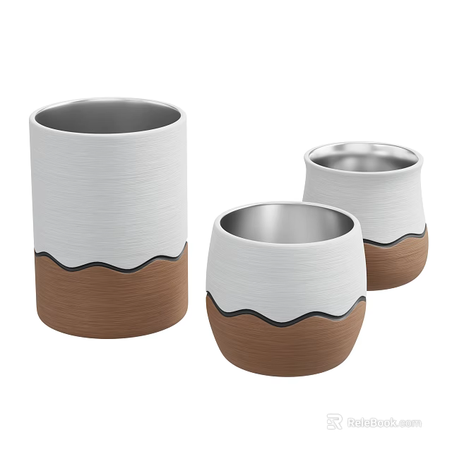 White And Brown Ceramic Cups With Wavy Black Line Design In Various Sizes 3d model 