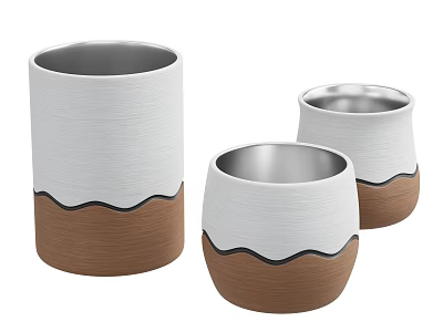 White And Brown Ceramic Cups With Wavy Black Line Design In Various Sizes 3d model